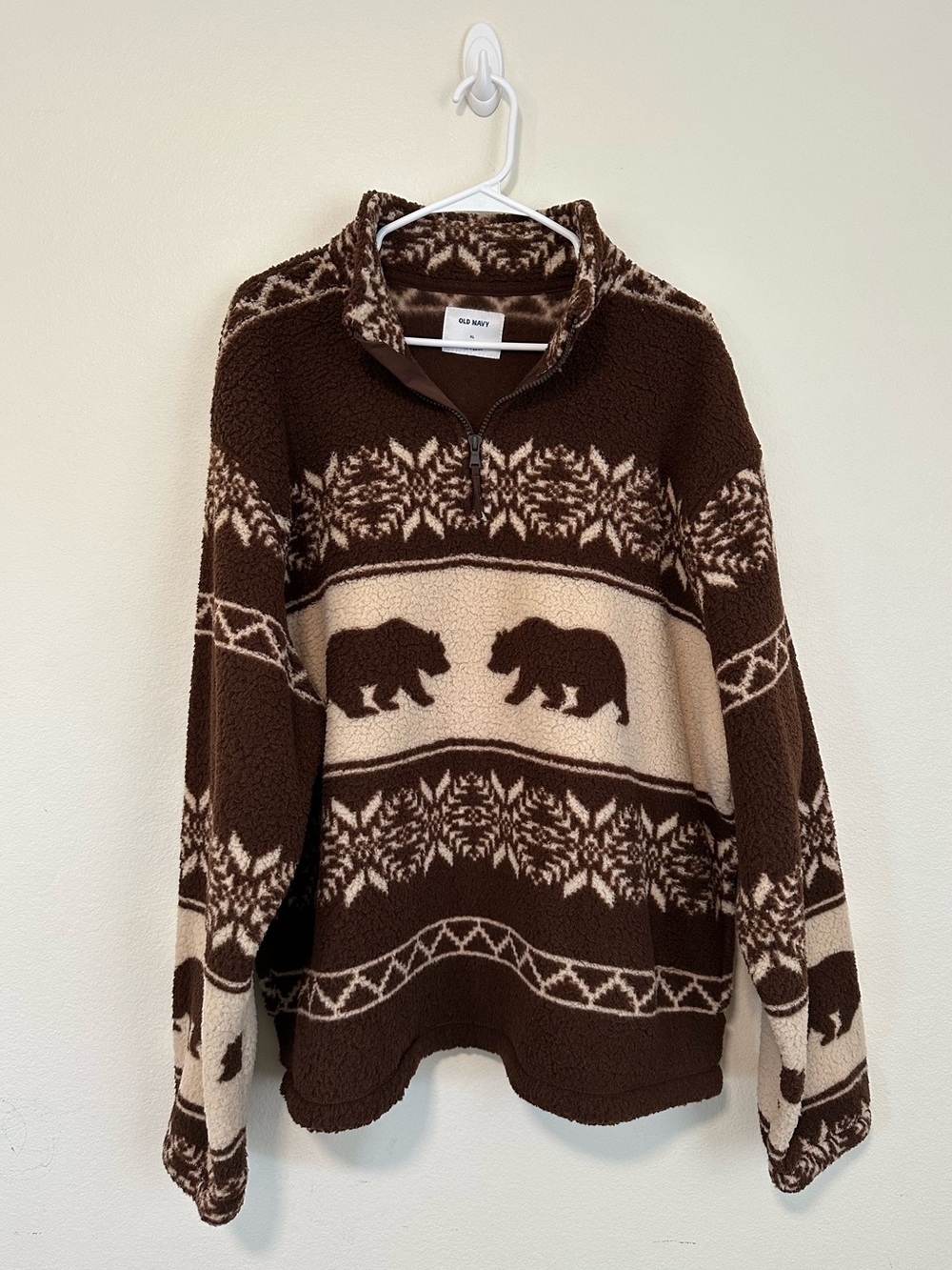 NWT Old Navy Brown Bear-Print Sherpa Quarter-Zip Sweater